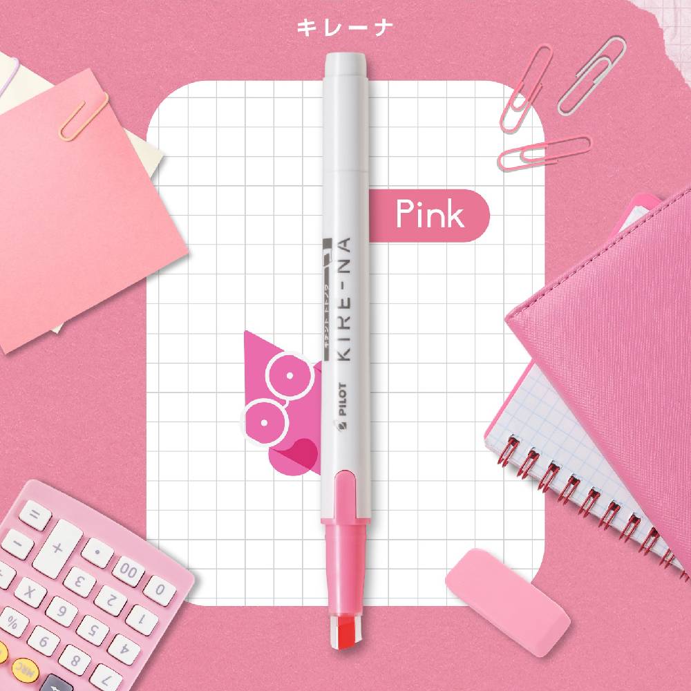 Pink pen on a pink background with stationery items