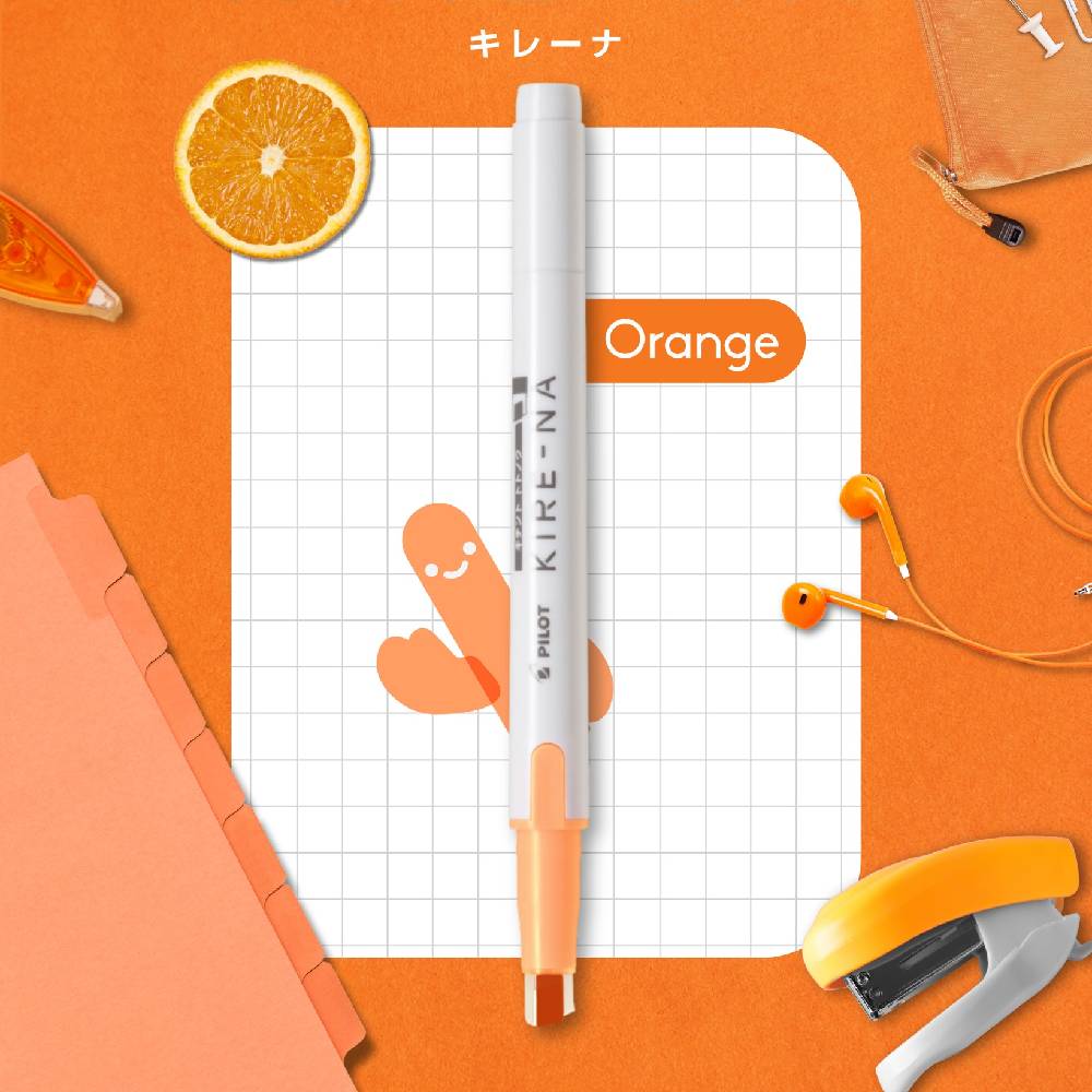 Orange pen with stationery items on an orange background