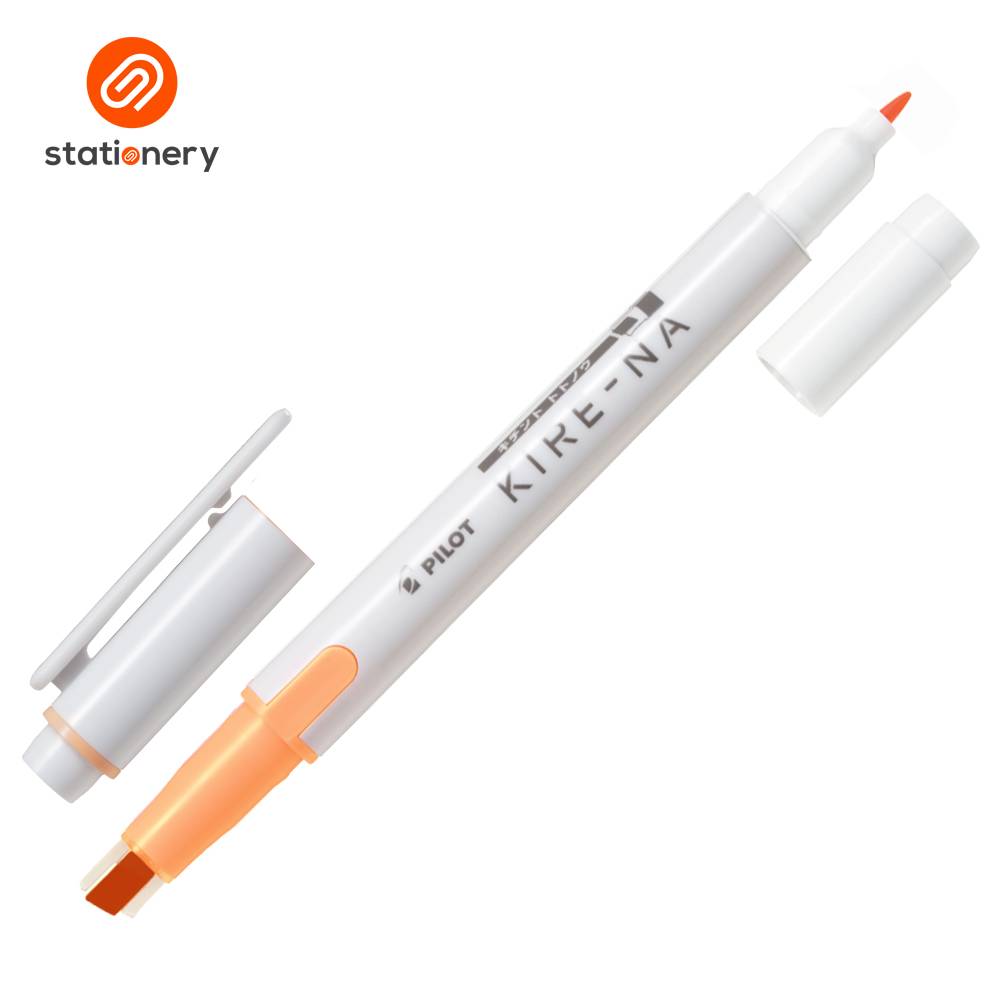 Two white markers with orange caps on a white background, branded 'Stationery'.