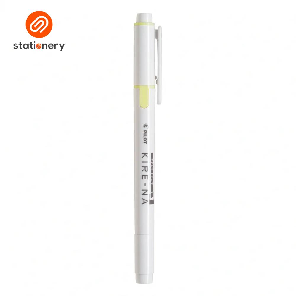 White pen with yellow accent on a white background, featuring 'stationery' brand logo.