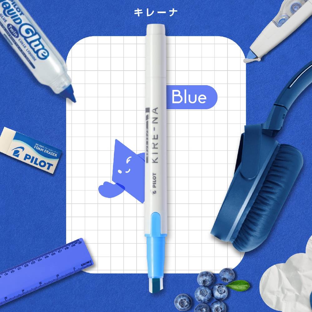 Blue stationery items including a pen, eraser, and ruler on a blue background with grid paper.