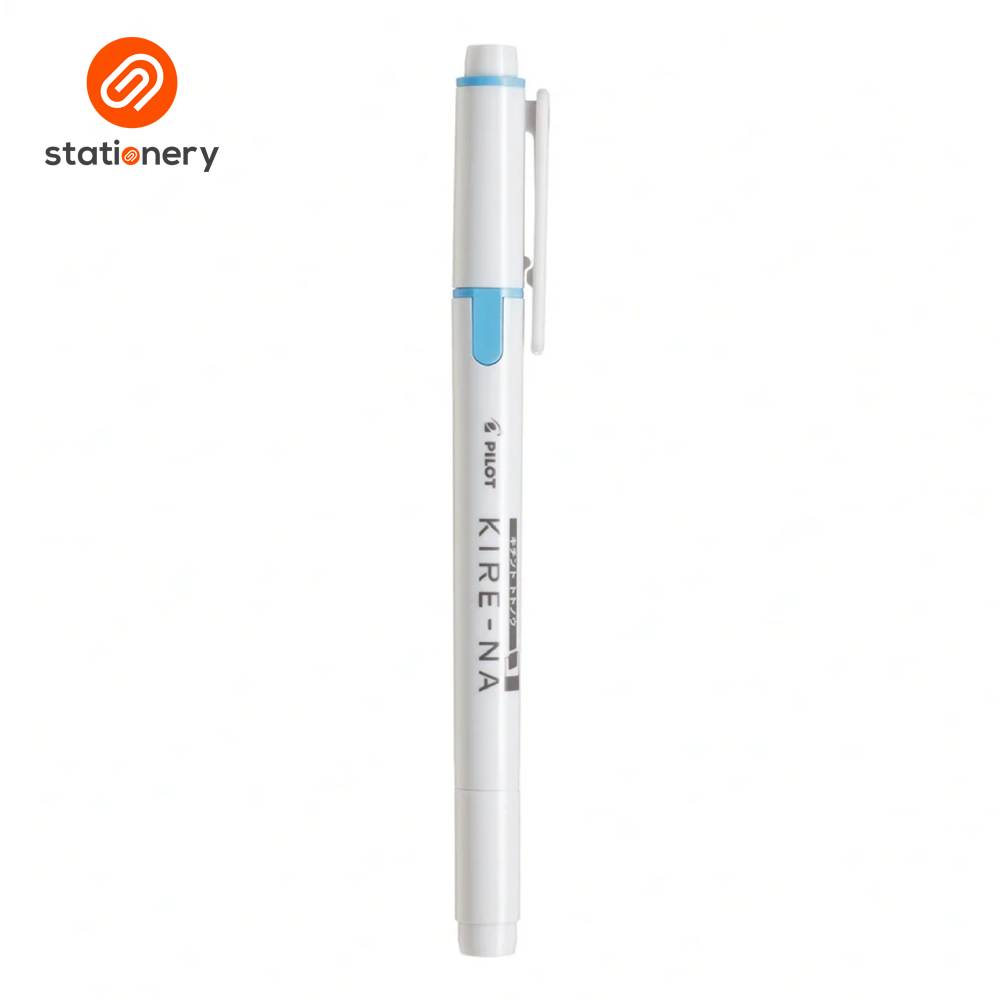 White pen with blue accents on a white background, featuring the 'stationery' brand logo.