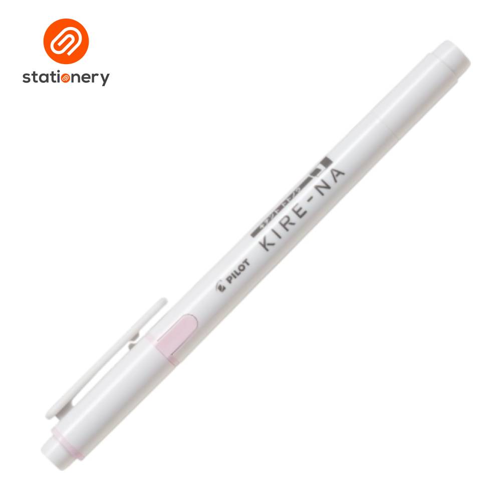 White pen with pink accent labeled 'KIRE-NA' on a white background, featuring the 'stationery' brand logo.
