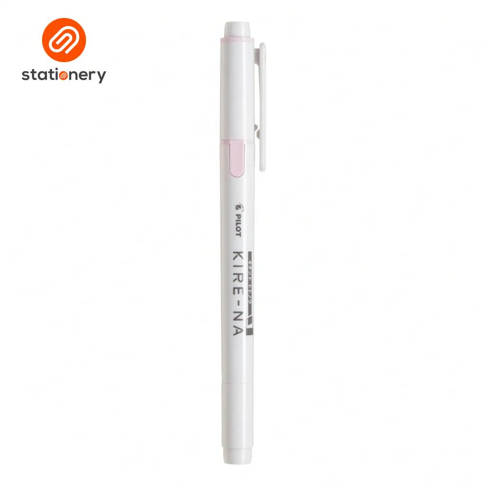White pen with pink accents on a white background, featuring the 'stationery' brand logo.