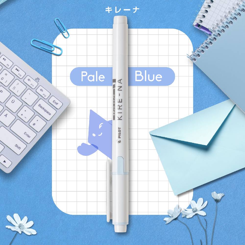 White pen with 'Kure-NA' branding on a blue background with stationery items.