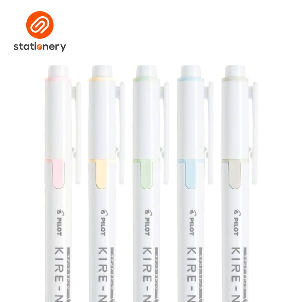 Five Pilot Kire-N pens with colored accents on a white background, featuring the Stationery brand logo.