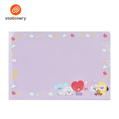 Purple stationery item with cartoon characters and colorful accents on a white background