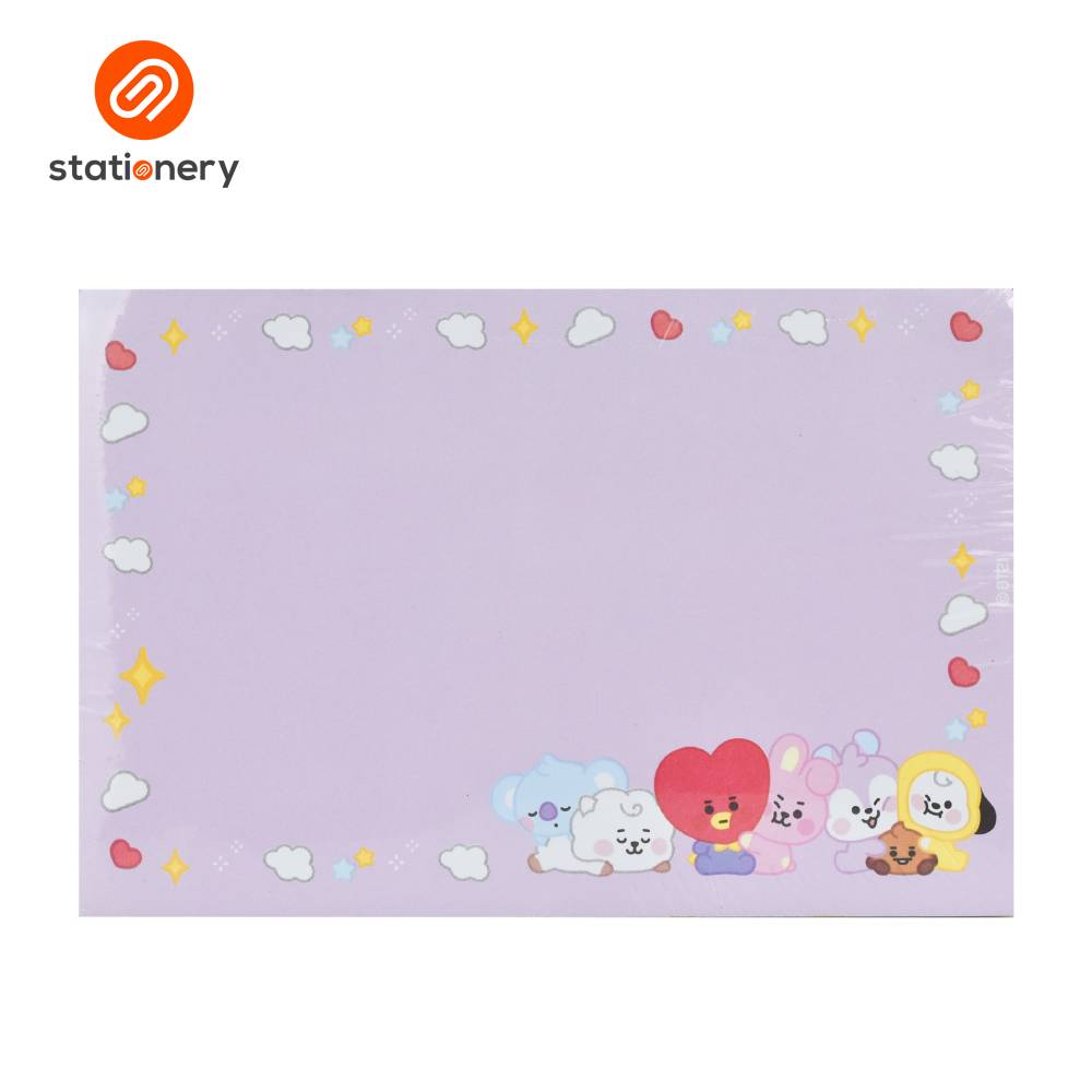 Purple stationery item with cartoon characters and colorful accents on a white background