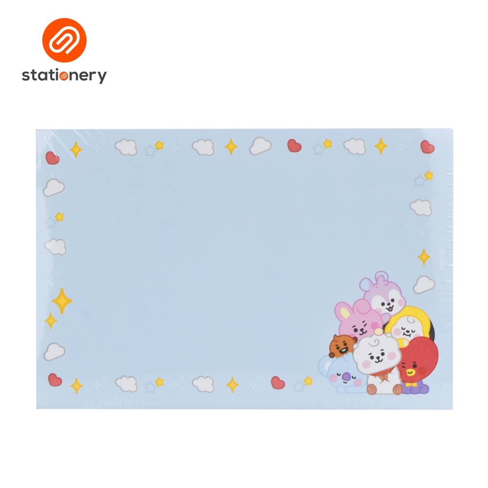 Cartoon characters on a light blue background with 'stationery' logo.
