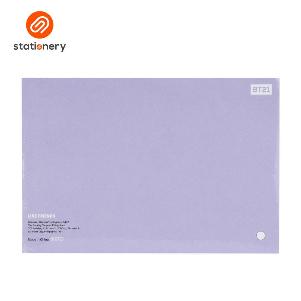 Purple stationery item with 'stationery' logo and 'BT21' branding on a white background