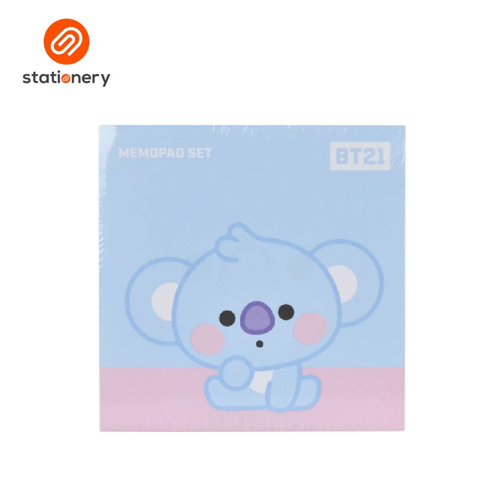 Memopad set with BT21 character on a light blue background, branded as stationery.