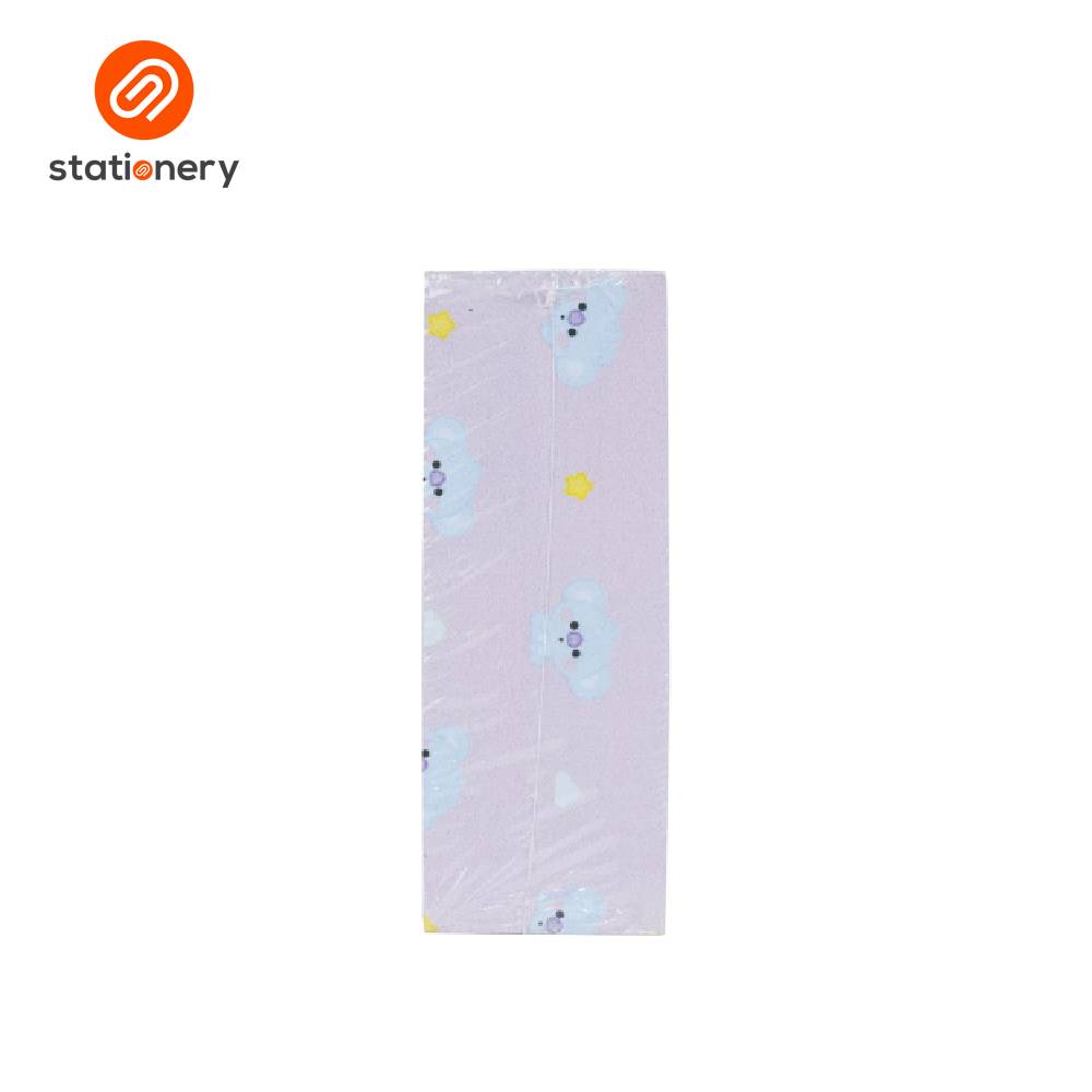 Small rectangular towel with cartoon character design on a light purple background, branded 'stationery'.