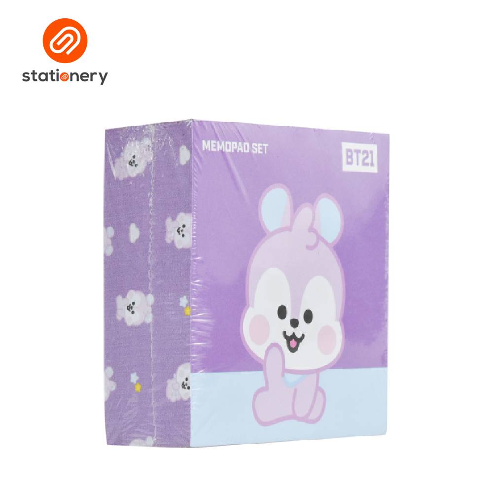 Purple stationery set packaging with a cartoon character on a white background