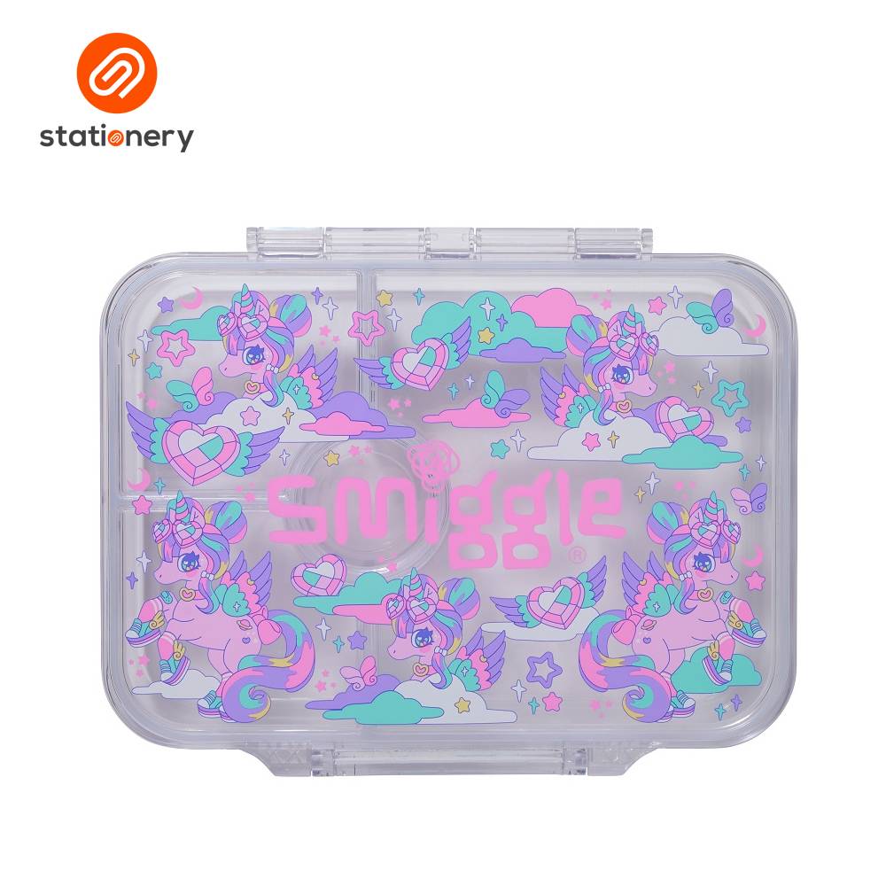 Clear stationery box with unicorn design and 'Smiggle' branding on a white background