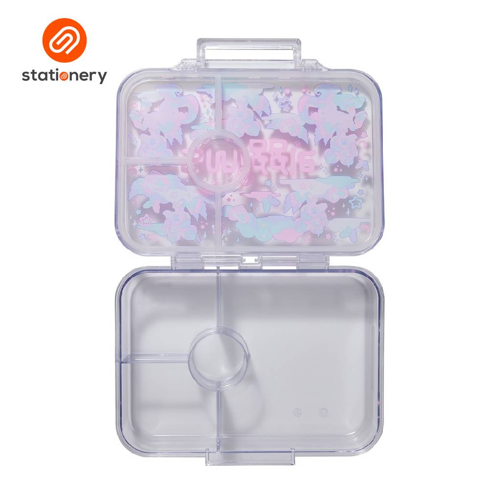 Clear stationery box with pink and blue design on a white background, featuring the 'stationery' brand.