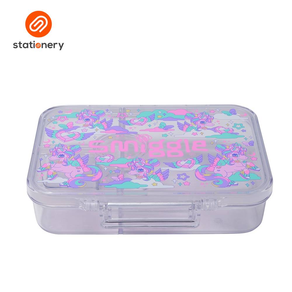 Clear stationery box with colorful design and Smiggle branding on a white background
