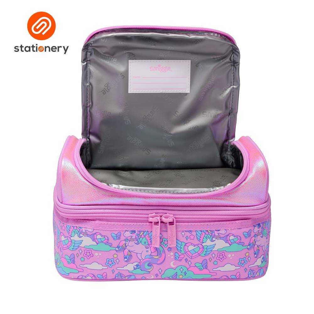 Pink and purple mermaid-patterned makeup bag with open lid on a white background