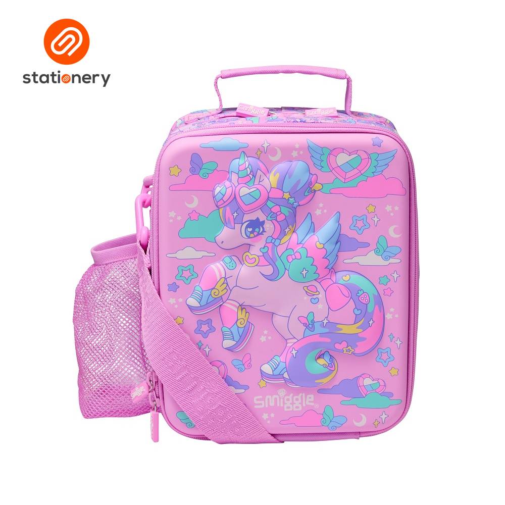 Pink lunch bag with unicorn design on a white background, featuring the Stationery brand.