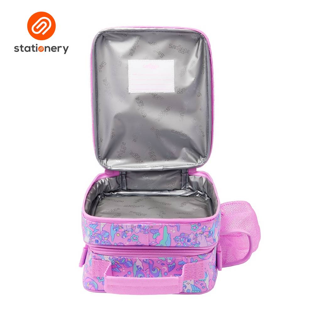 Pink insulated lunch bag with floral pattern on a white background, featuring the 'stationery' brand.