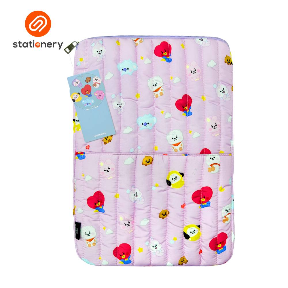 Pink quilted pouch with cartoon character pattern on a white background, featuring the 'stationery' brand.