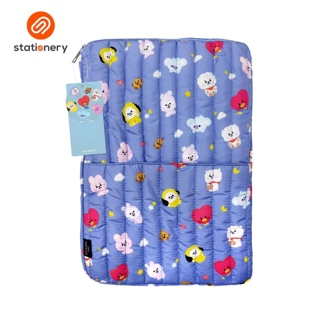 Blue quilted pouch with cartoon character pattern on a white background, featuring the 'stationery' brand.