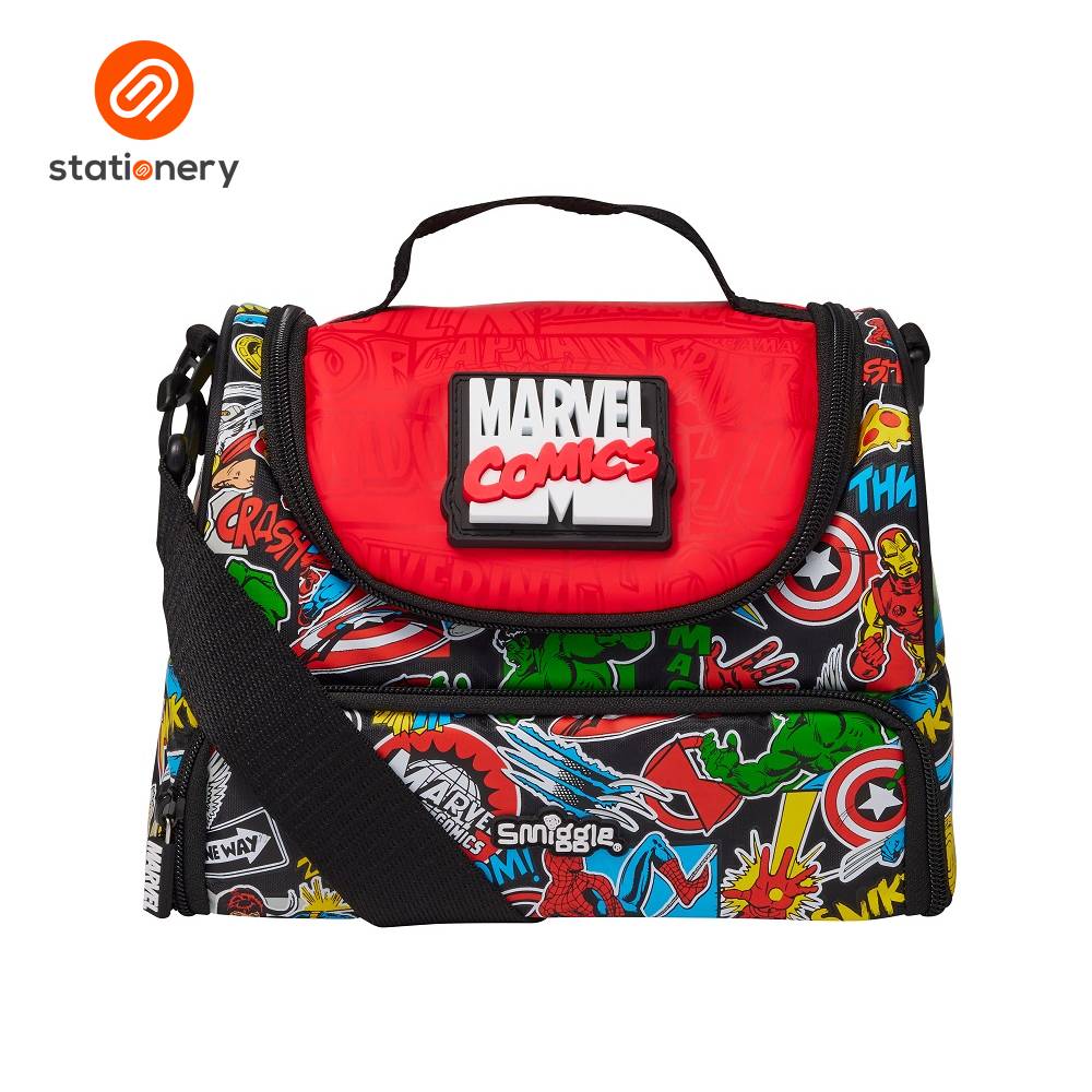 Smiggle Marvel Large Double Compartment Lunchbox With Strap - Black-1