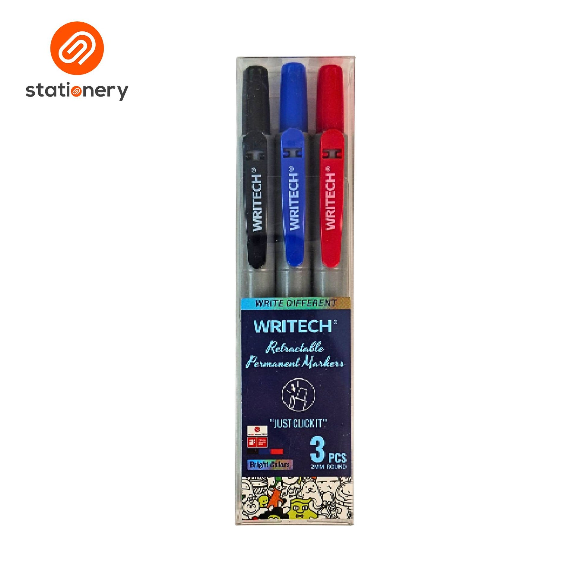 Writech Retractable Permanent Markers W-805P 3pcs per Set - Black/Blue/Red-2
