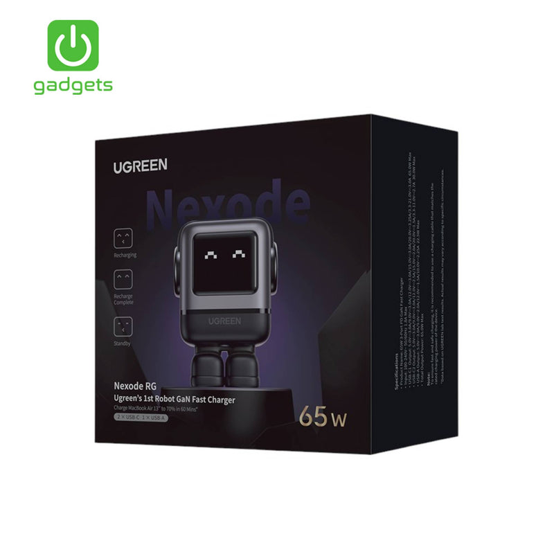 UGreen USB-A+2*USB-C 65W GaN Tech Fast Charger (Robot Gan) - Black-zoom-