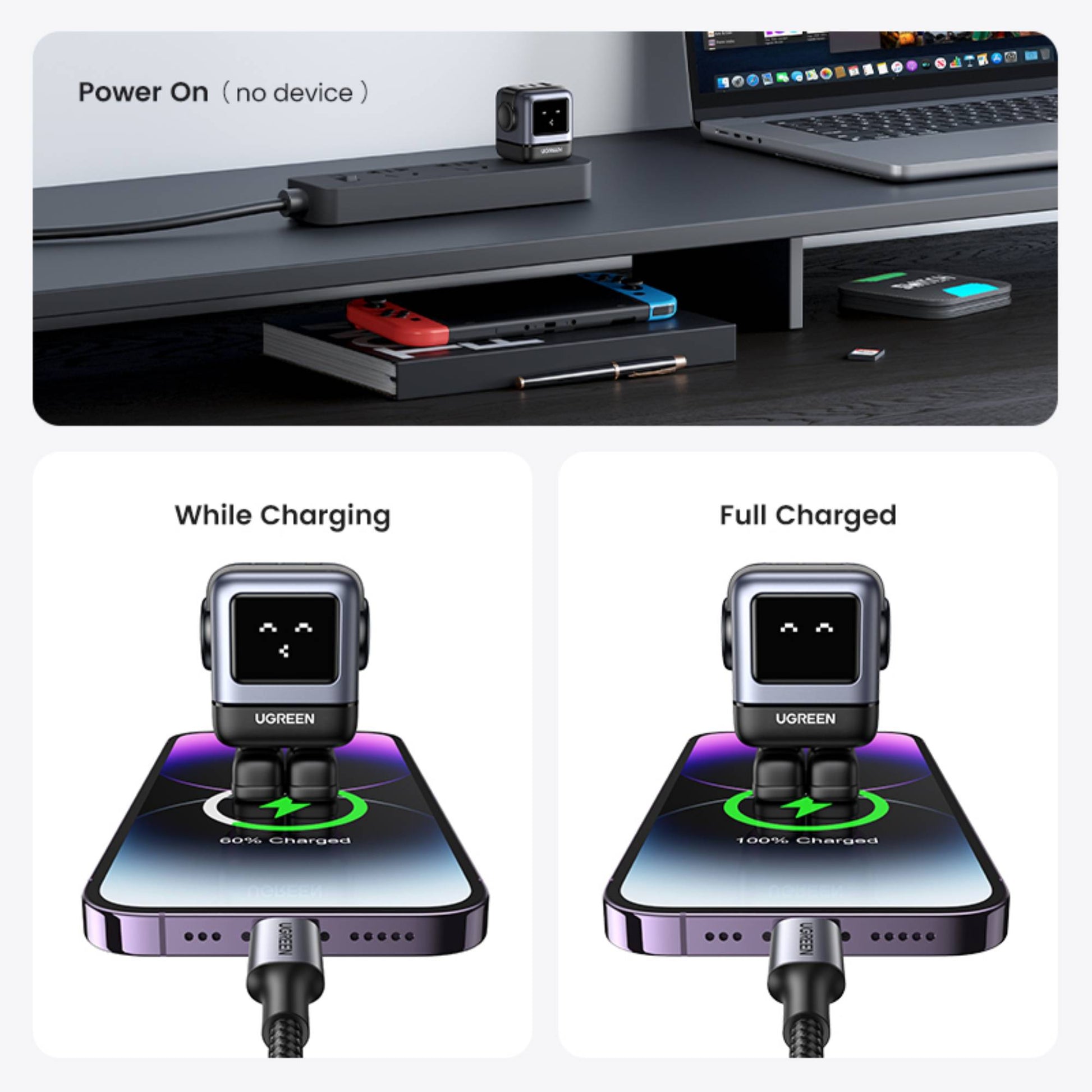 UGreen USB-A+2*USB-C 65W GaN Tech Fast Charger (Robot Gan) - Black-9