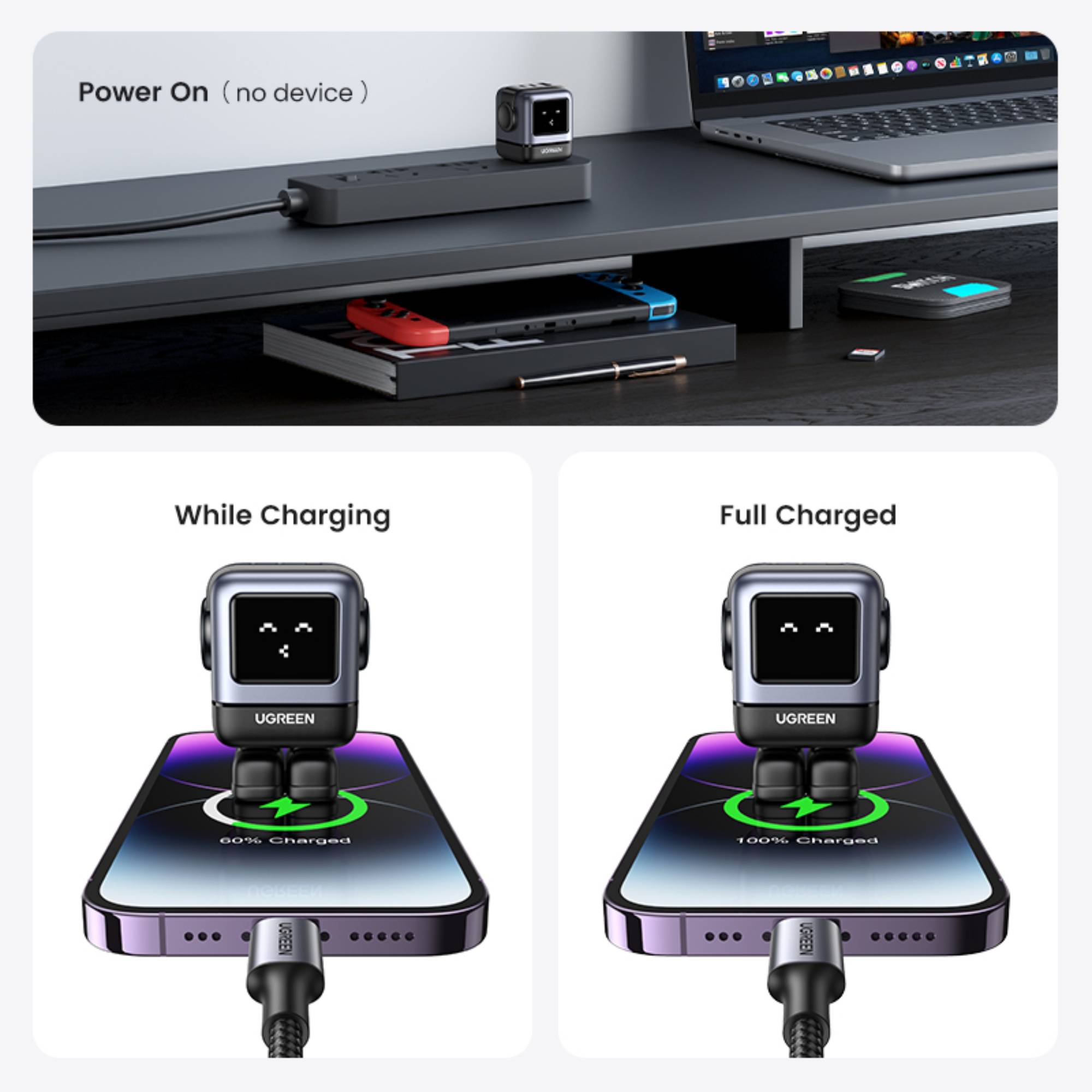 UGreen USB-A+2*USB-C 65W GaN Tech Fast Charger (Robot Gan) - Black-zoom-9