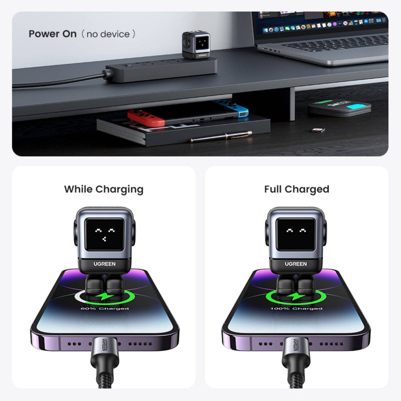 UGreen USB-A+2*USB-C 65W GaN Tech Fast Charger (Robot Gan) - Black-zoom-