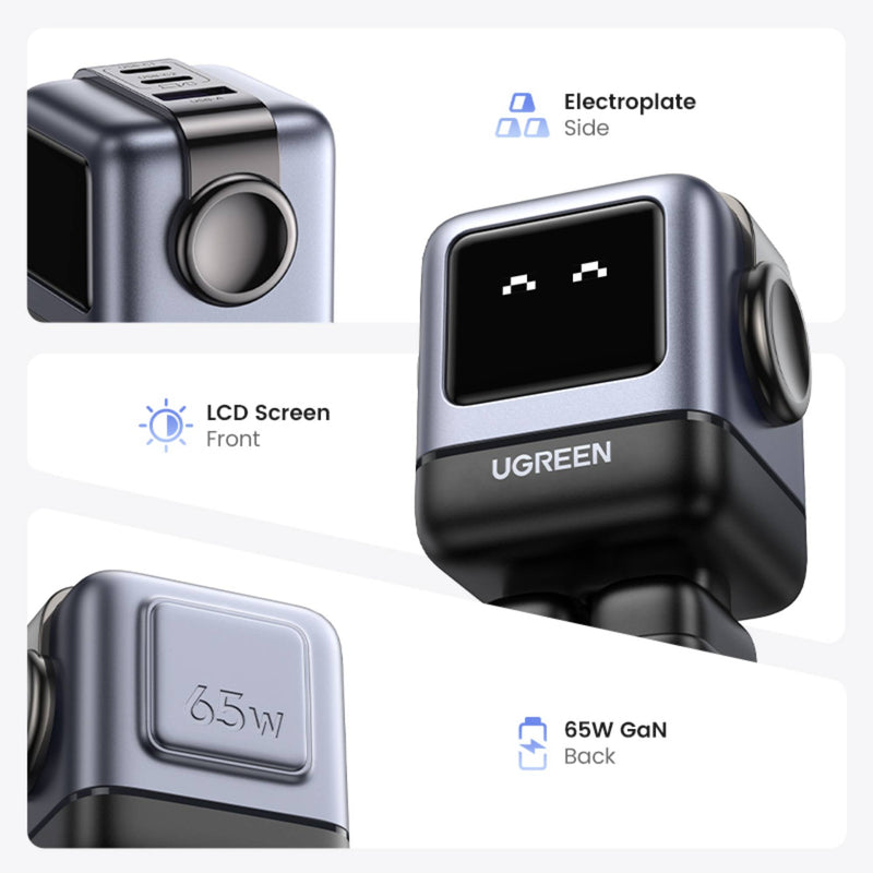 UGreen USB-A+2*USB-C 65W GaN Tech Fast Charger (Robot Gan) - Black-zoom-