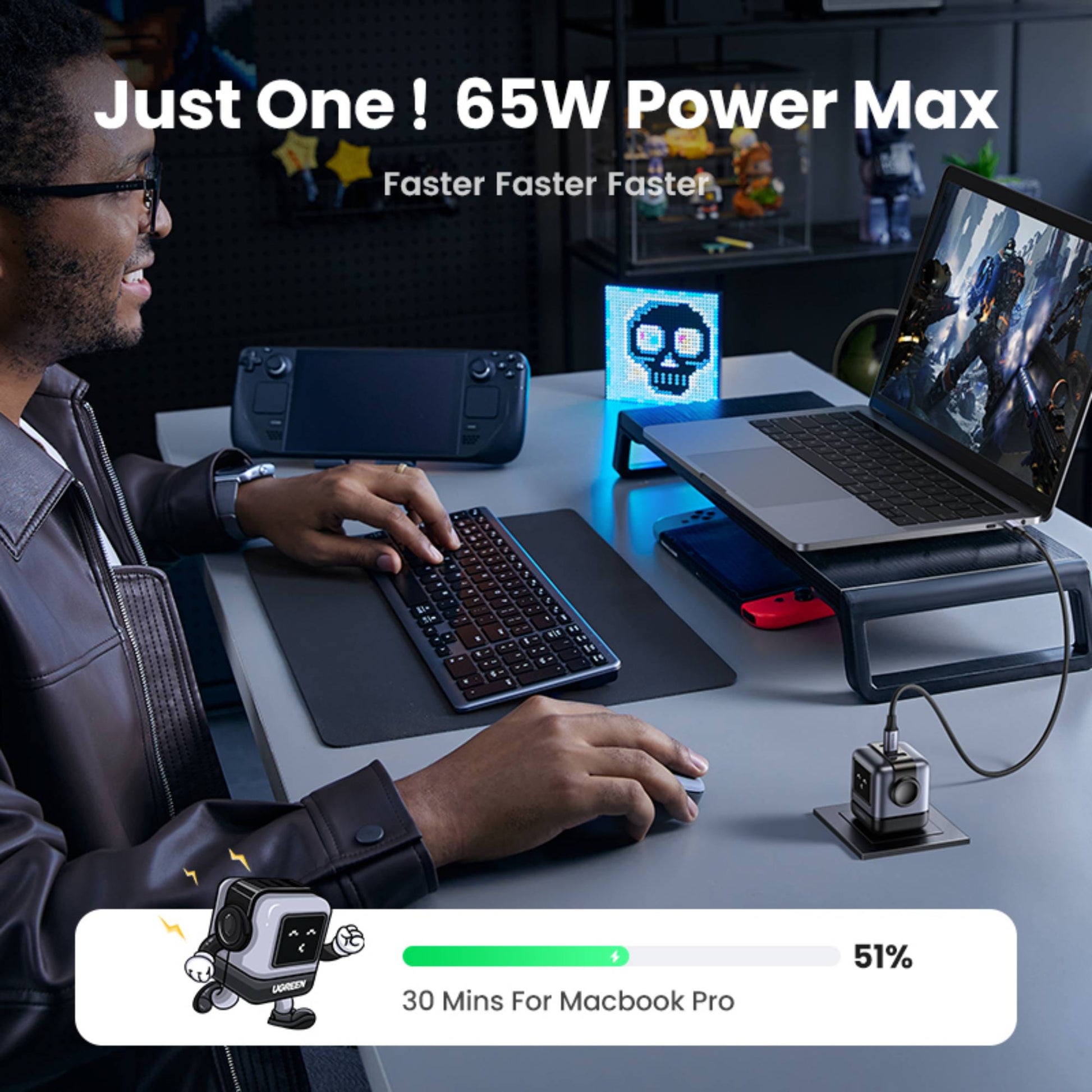 UGreen USB-A+2*USB-C 65W GaN Tech Fast Charger (Robot Gan) - Black-10