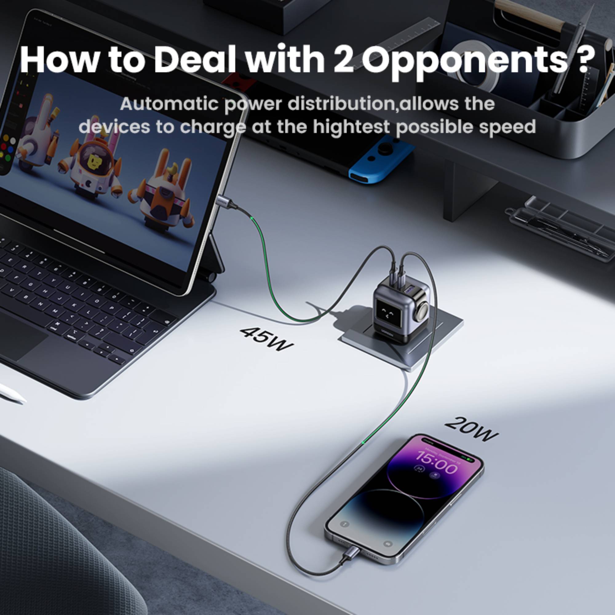 UGreen USB-A+2*USB-C 65W GaN Tech Fast Charger (Robot Gan) - Black-zoom-11