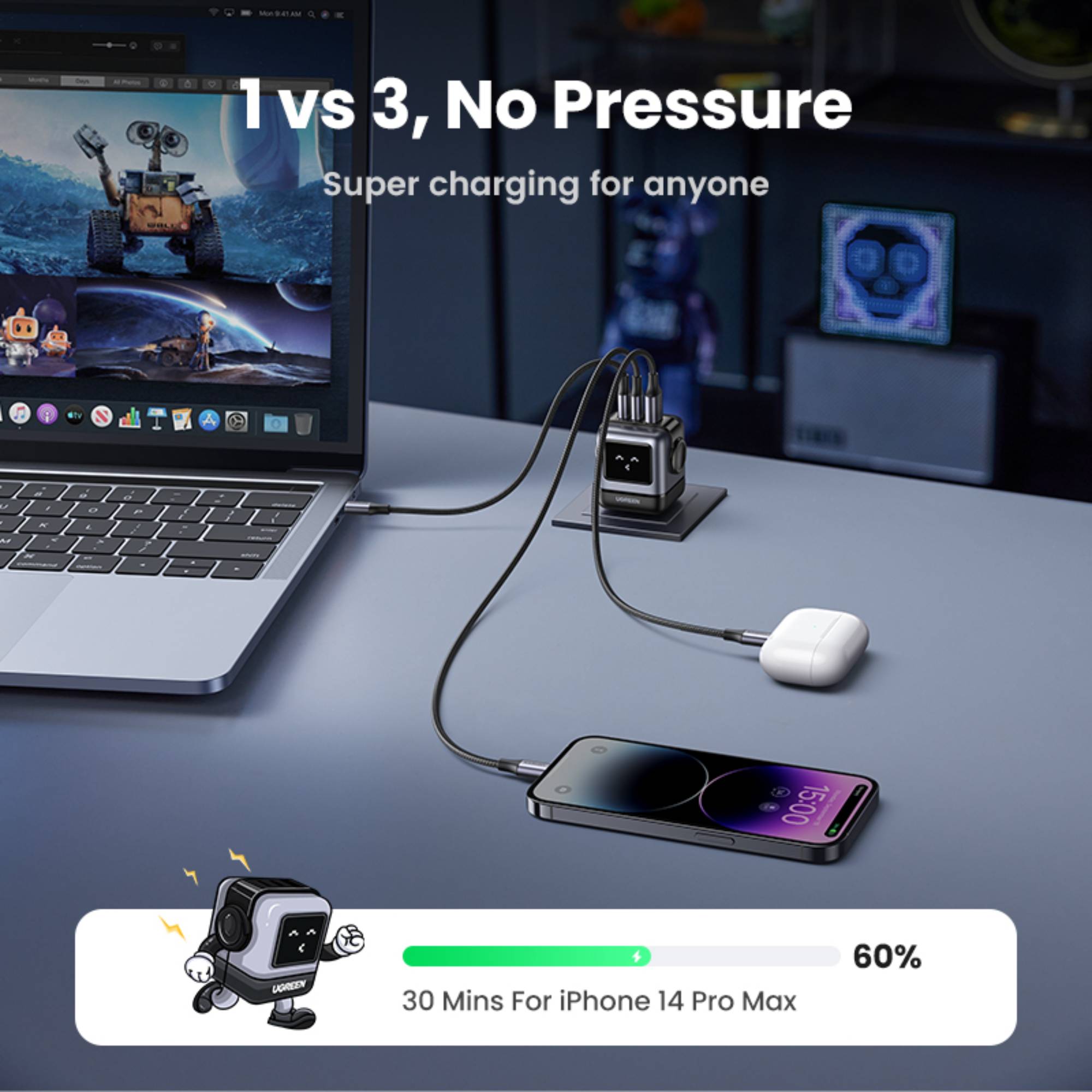 UGreen USB-A+2*USB-C 65W GaN Tech Fast Charger (Robot Gan) - Black-zoom-12