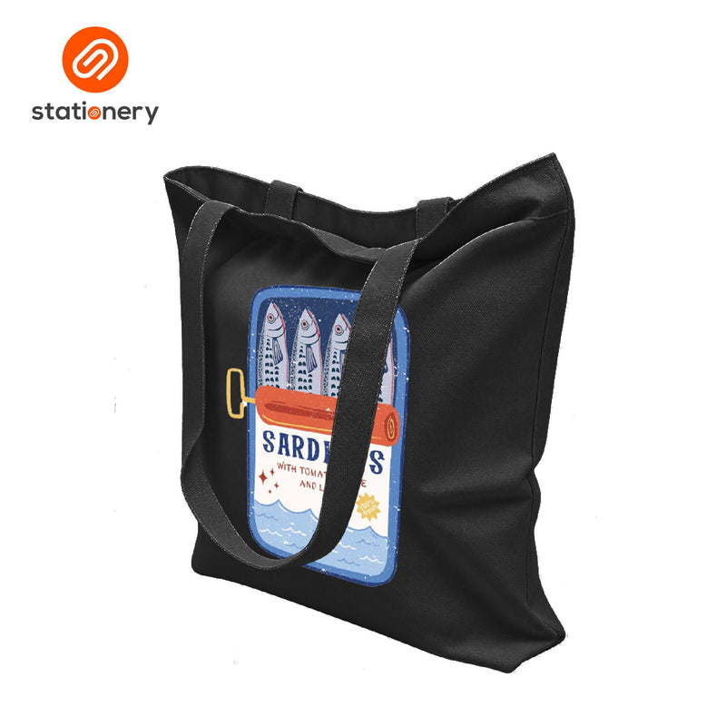Printed Black Canvas Tote Bag with Zipper-zoom-