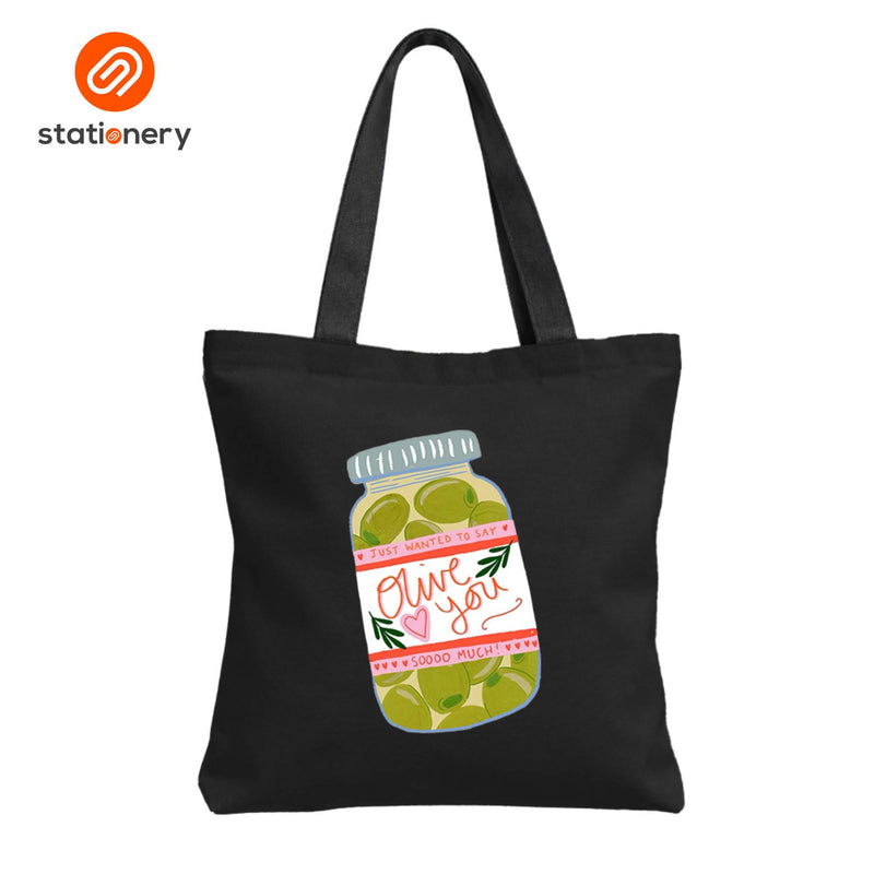 Printed Black Canvas Tote Bag with Zipper-zoom-