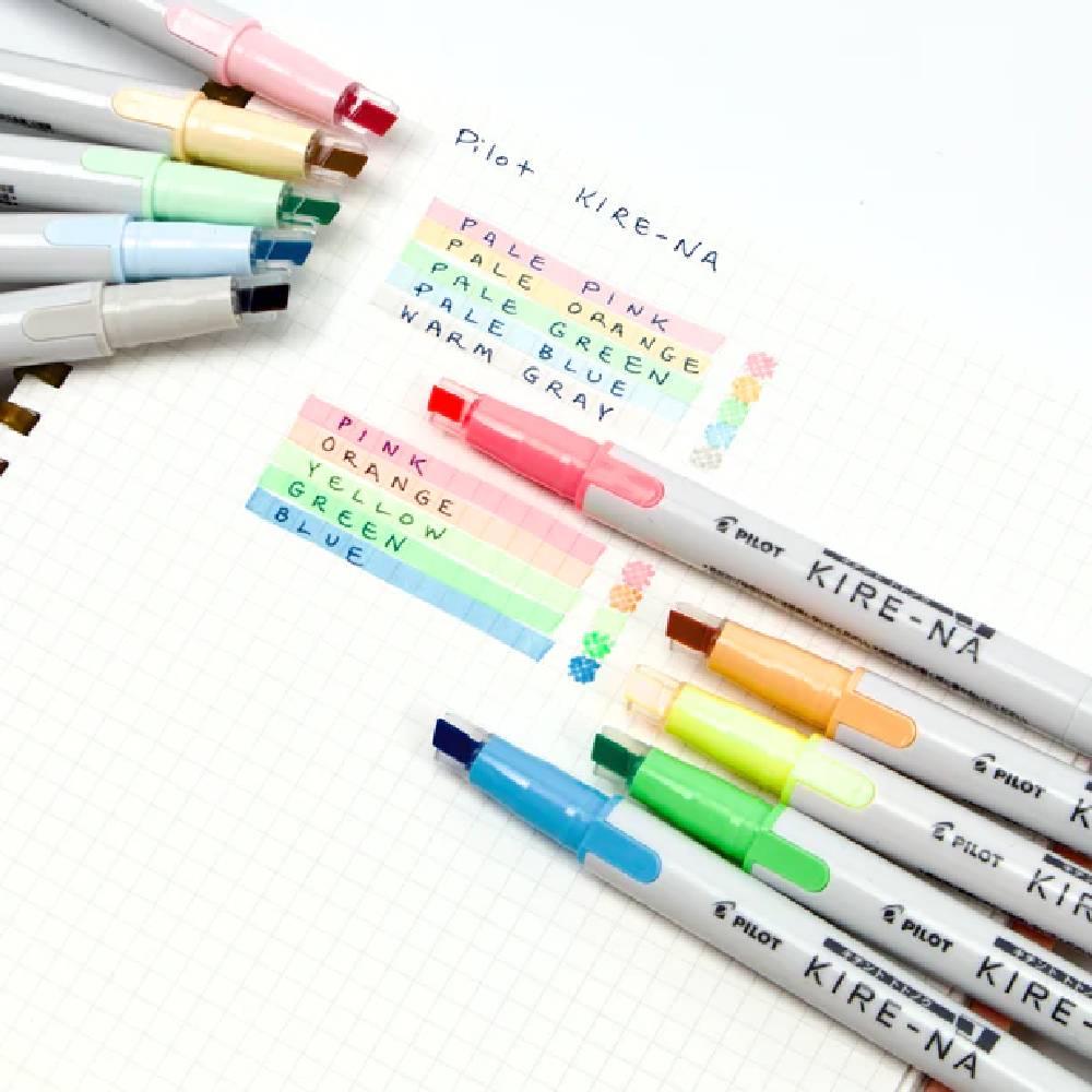 Set of Pilot Kire-NA highlighters with color swatches on a white background