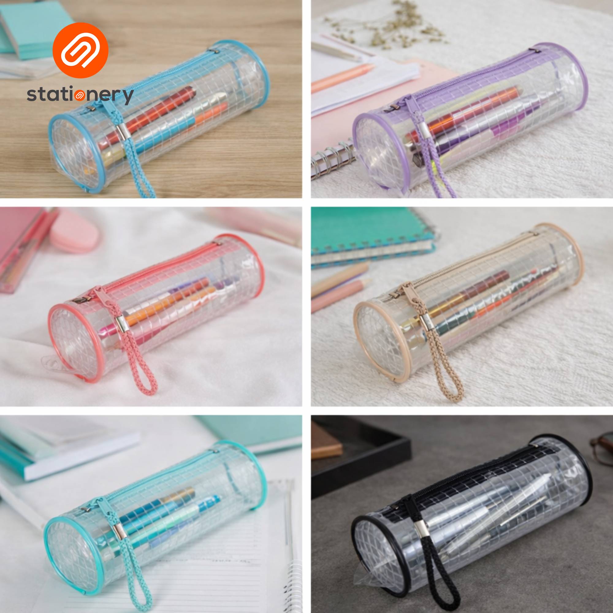 Transparent Grid Cylindrical Pencil Case - 21x7x7cm-zoom-14