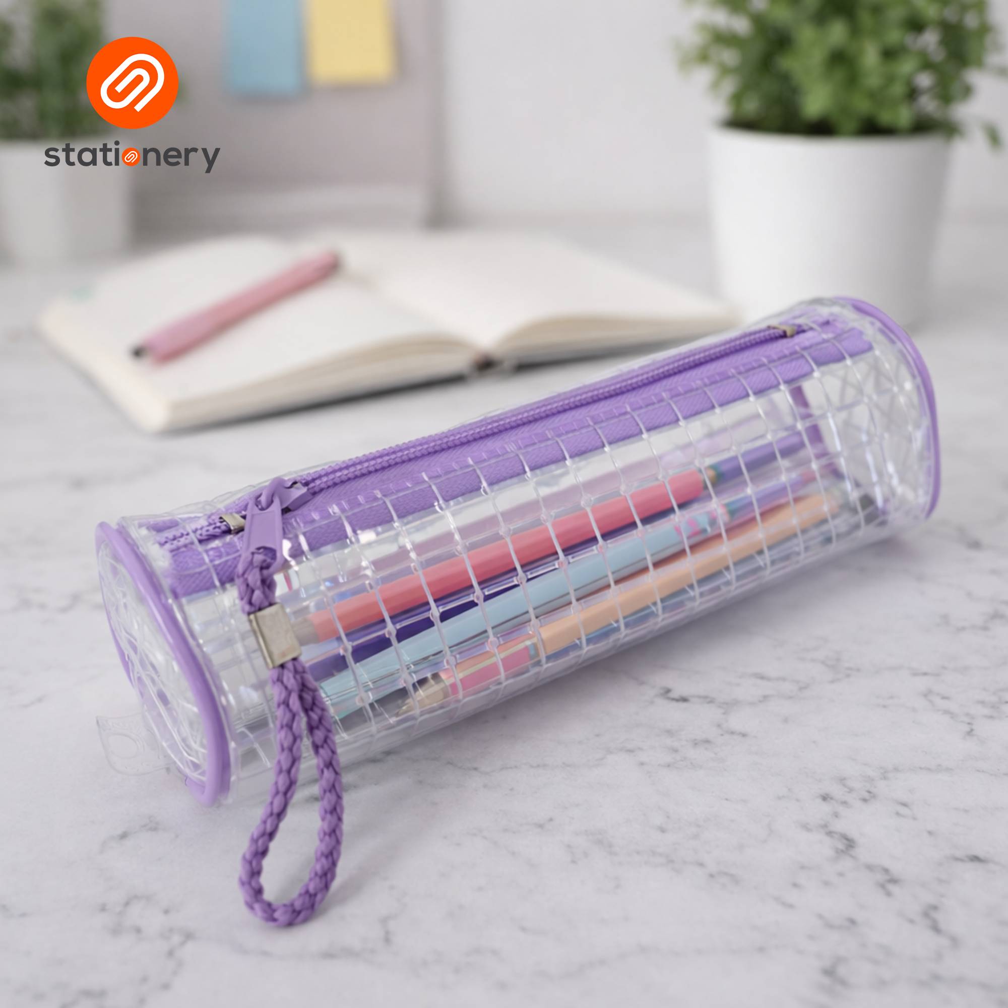 Transparent Grid Cylindrical Pencil Case - 21x7x7cm