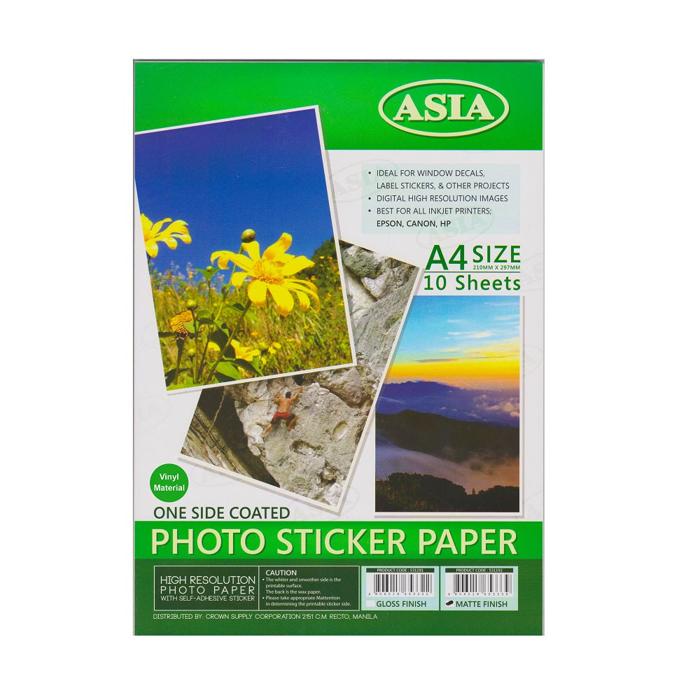 Asia Vinyl Photo Sticker Paper 10 Sheets per Pack Matte