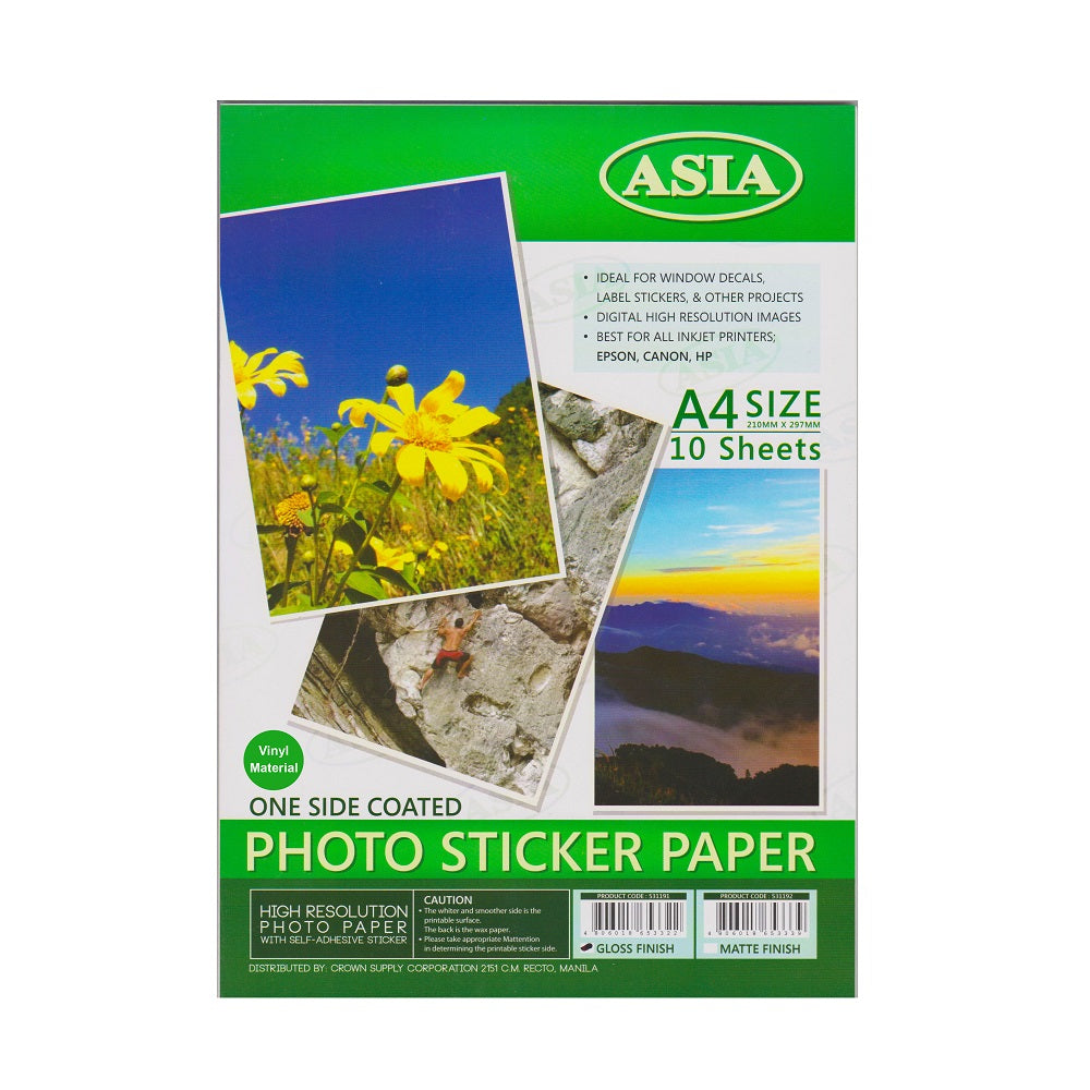 Asia Vinyl Photo Sticker Paper 10 Sheets per Pack Glossy