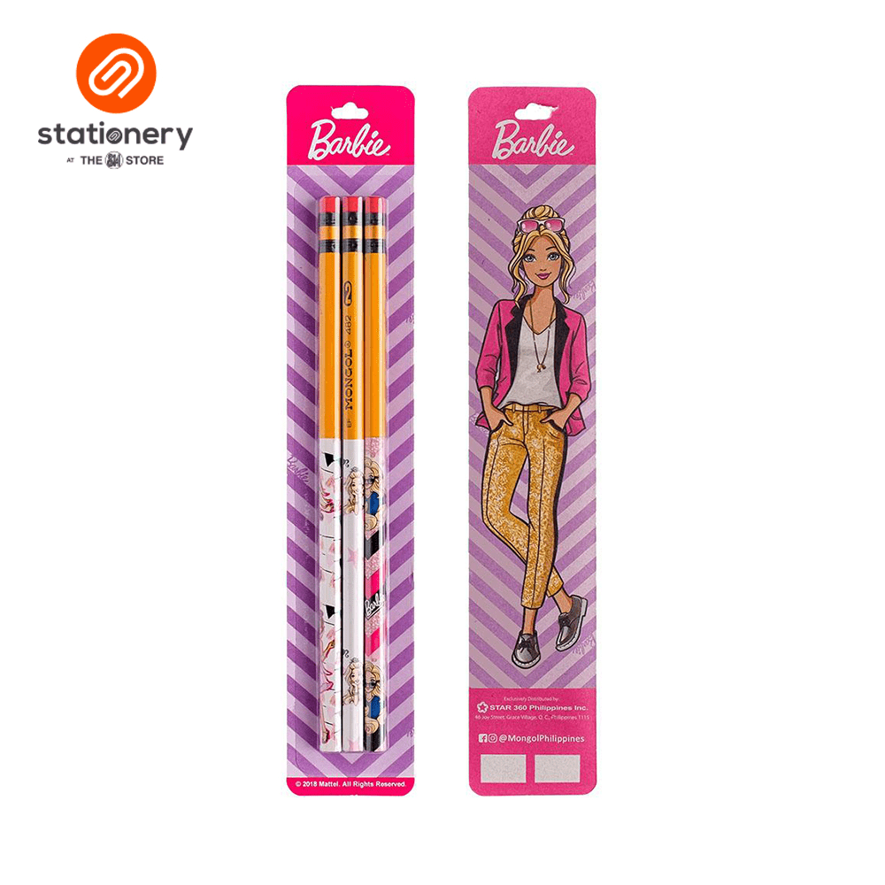 Packaging for Mongol Character Wraps Barbie Pack of 3, featuring Barbie-themed design on the pencils and packaging.