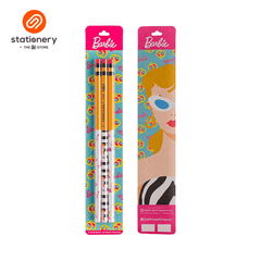 Pack of 3 Barbie themed Mongol pencils with wood casing, displayed in a packaging with Barbie branding and colorful character designs.
